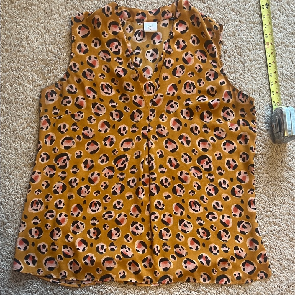 CAbi Mustard Animal Print Sleeveless V-Neck Tank with Pink & Black Accents